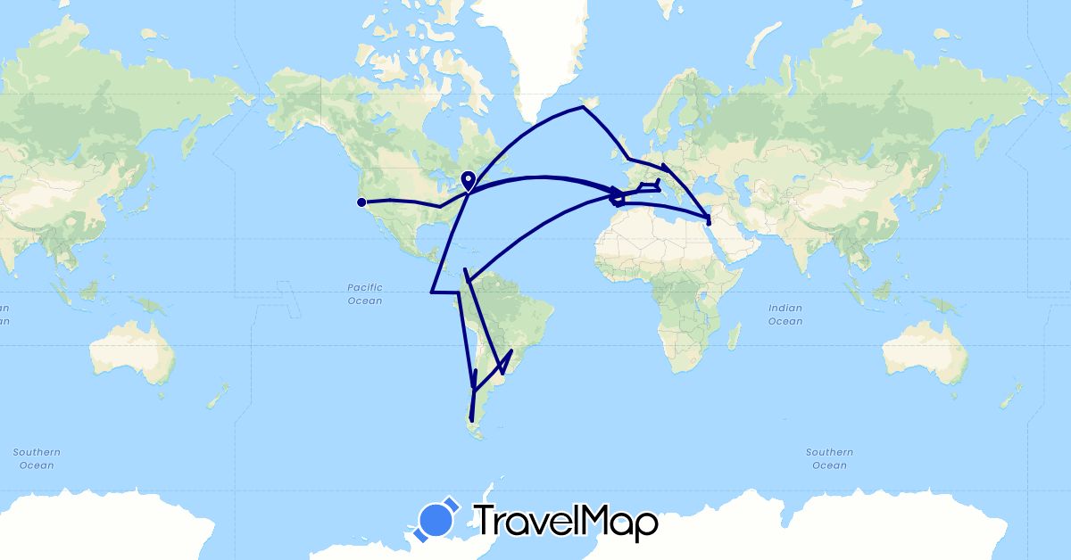 TravelMap itinerary: driving in Argentina, Austria, Brazil, Chile, Colombia, Czech Republic, Ecuador, Spain, France, United Kingdom, Israel, Iceland, Italy, Jordan, Portugal, United States (Asia, Europe, North America, South America)